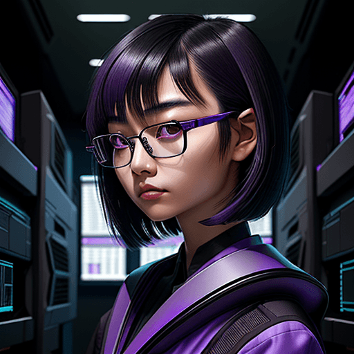 AI generated: young Asian thoughtful woman, shoulder-length purple and black hair, nerd, techie, sci-fi glasses, f...