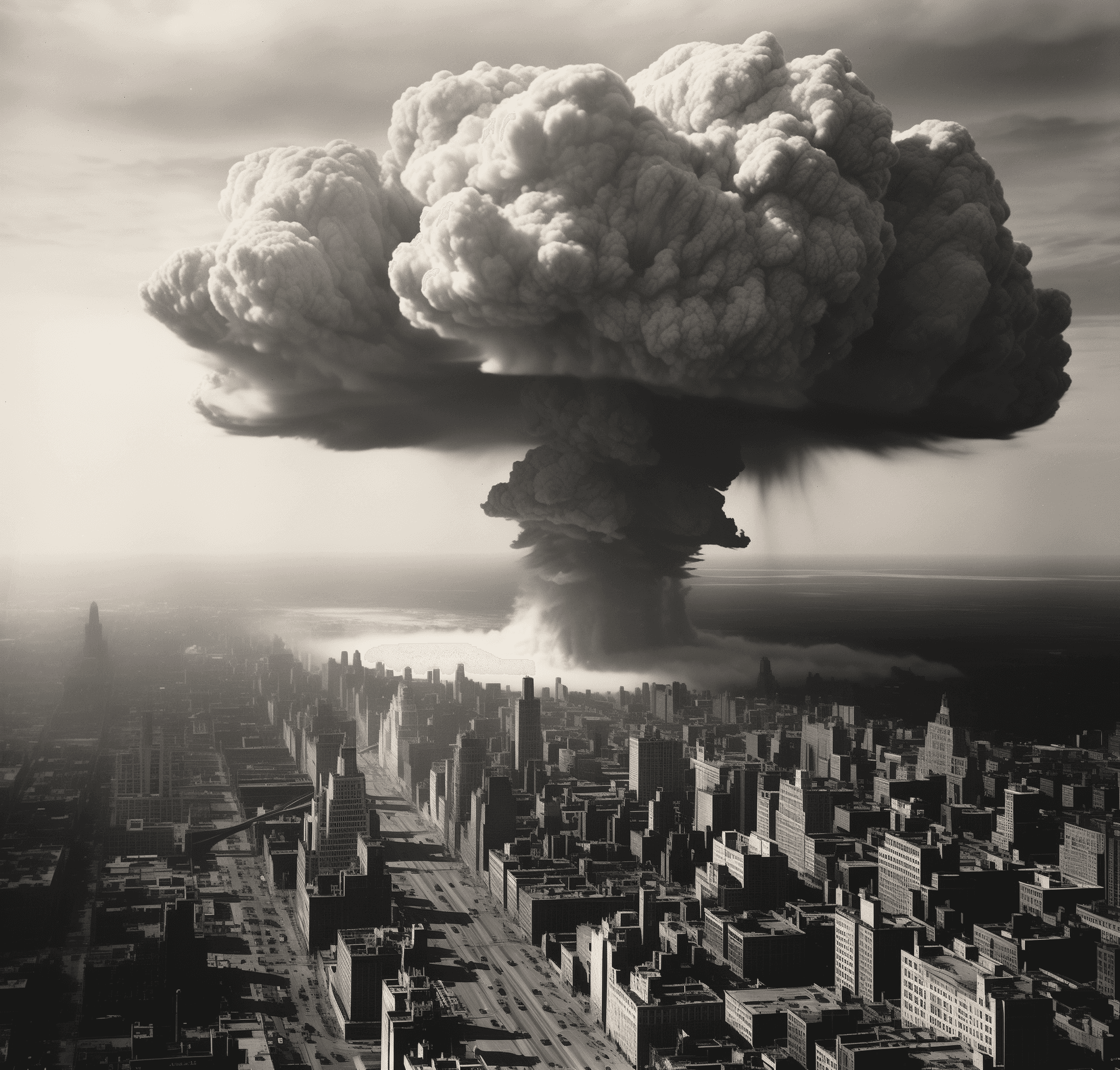 AI generated: An old color print of the mushroom cloud over New York City, from an American magazine in the year 2...
