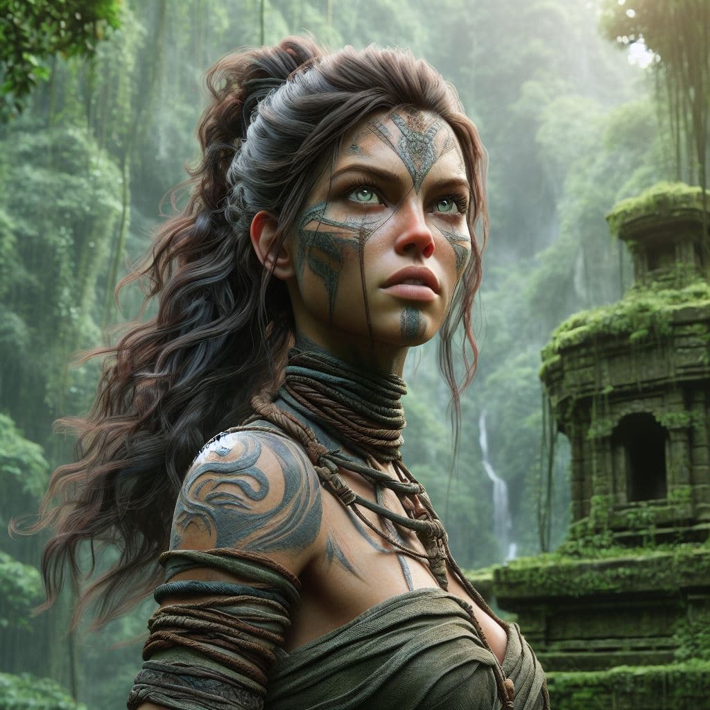 AI generated: In a lush, overgrown jungle, Eira, a fierce, agile warrior-queen, stands atop an ancient stone templ...