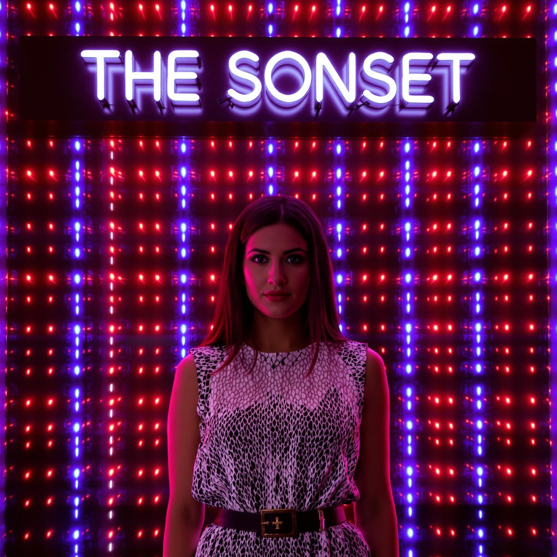 AI generated: a woman stands in front of a neon sign that reads "THE SONSET" in bold white letters. She is dressed...