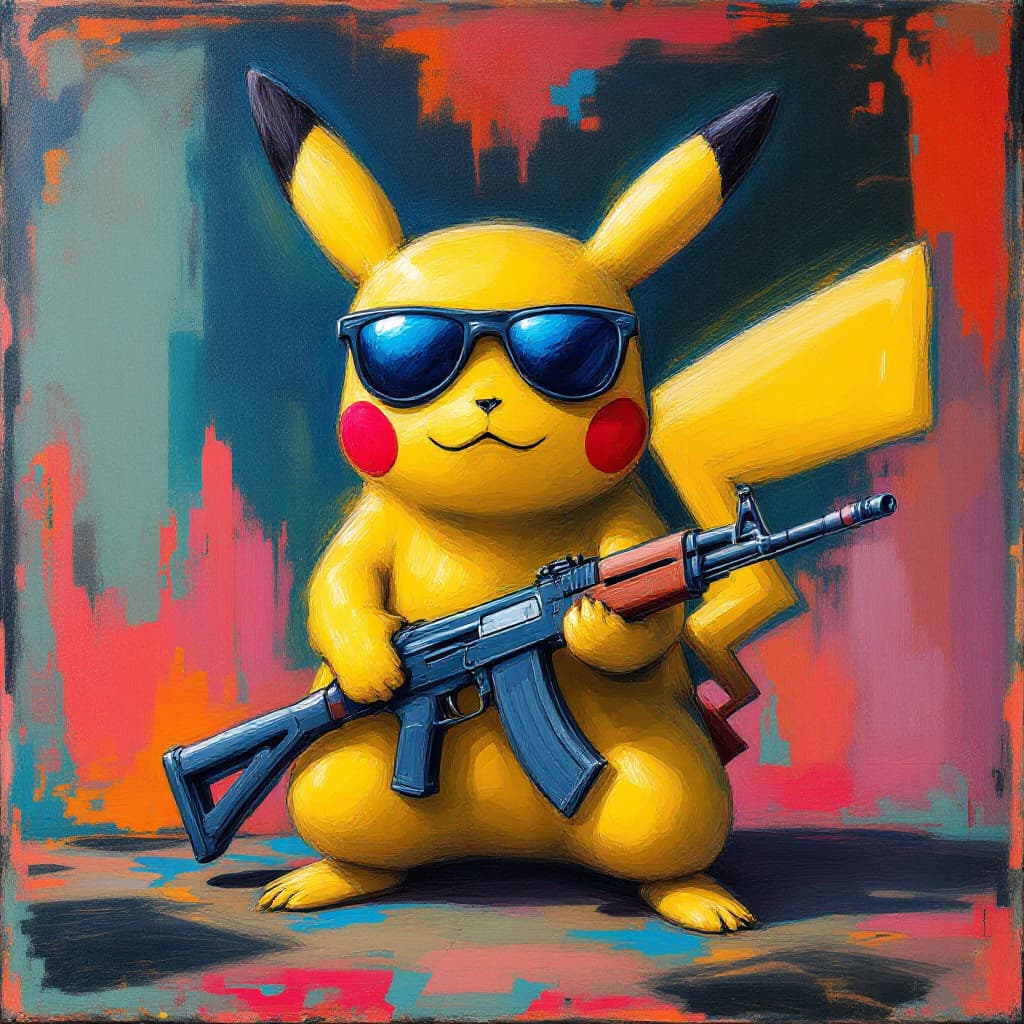 AI generated: A Picasso Style painting of pikachu with an ak47, part of the crips gang