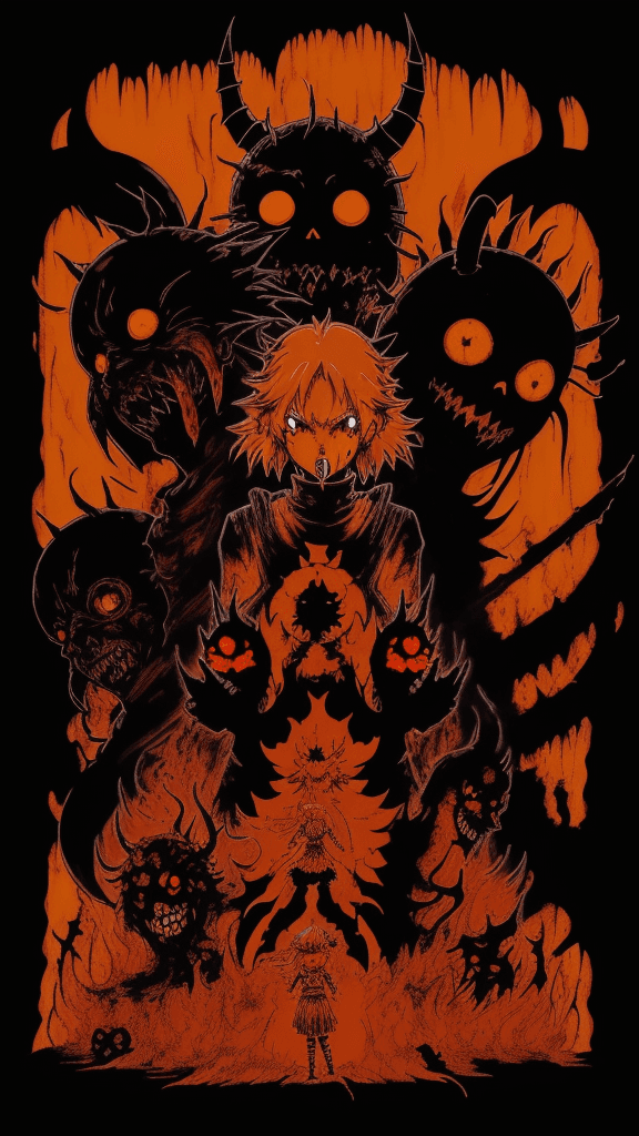 AI generated: orange Studio Ghibli 16k4d rfktrstyle"paranoid  bloody hellish devilcore pose in a fitting the descr...