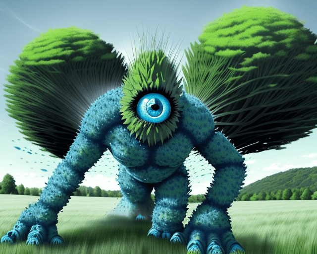 AI generated: living tree monster. one blue eye. rock like lags. runing in a field of grass.