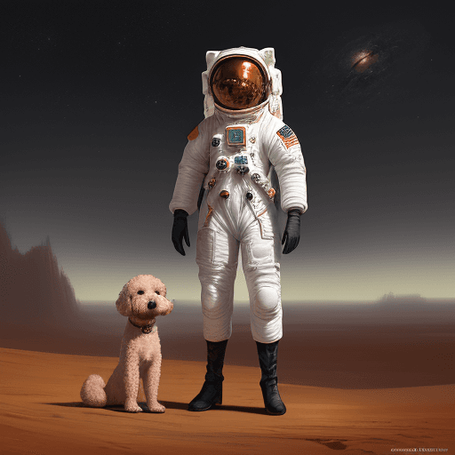 AI generated: a dog is in space suit, standing in the dirt, in the style of fantasy art, dark white and dark orang...