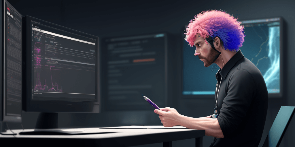 AI generated: A man in a simulation looking for his lost pen , colorful , 8k , hd , simulation world , fantastic ,...