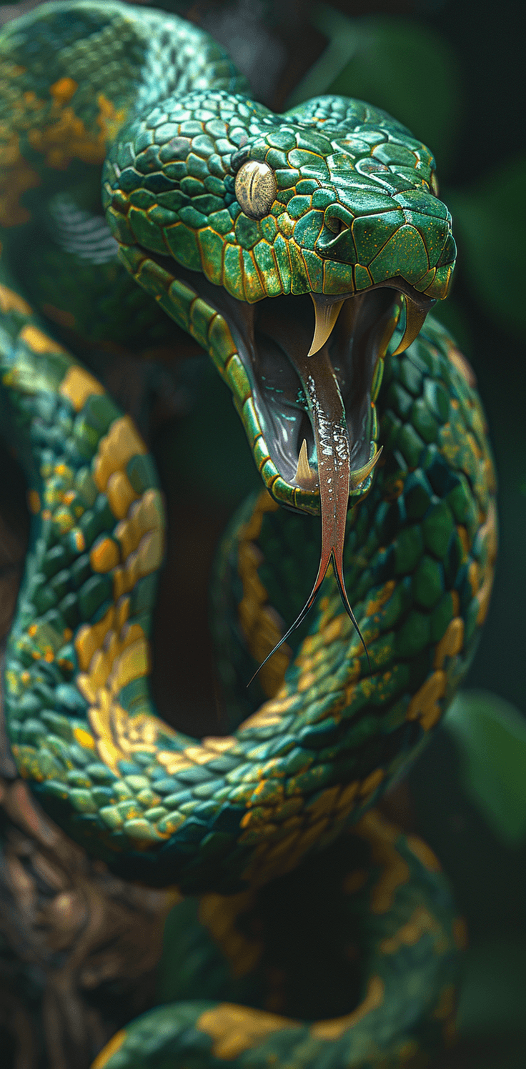 AI generated: A green and yellow snake with its mouth open, hyper-realistic animal illustrations, detailed charact...