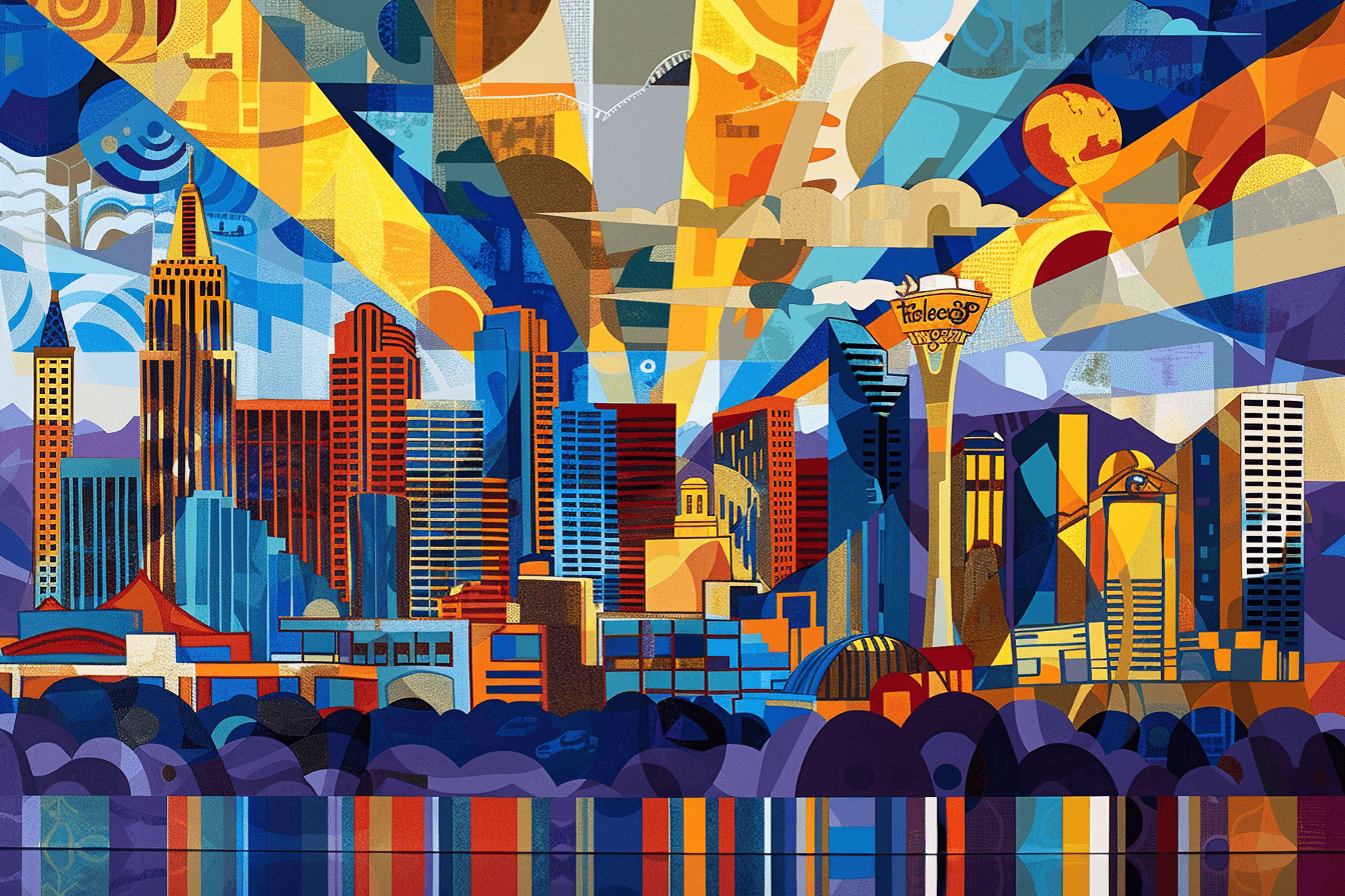 AI generated: a canvas painting depicting the skyline of henderson, in the style of pop art-inspired collages, ste...