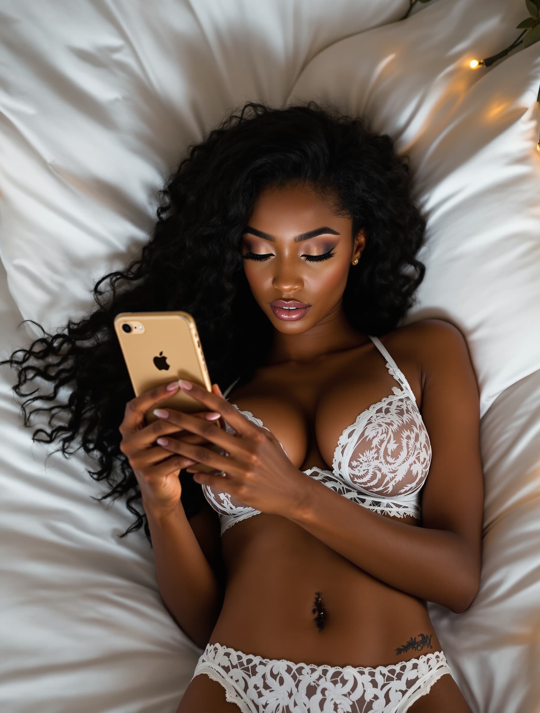 AI generated: A gorgeous Afro-American woman reclining gracefully on a white bed, at night, wearing an elegant whi...