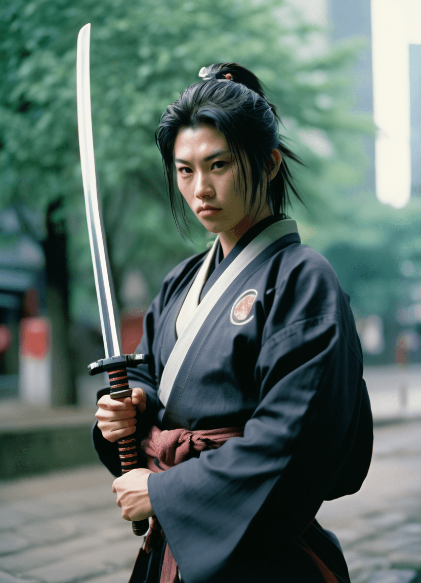 AI generated: ghostrunner, holding katana in right hand, detailed face, detailed background, 16k, shot with kodak ...