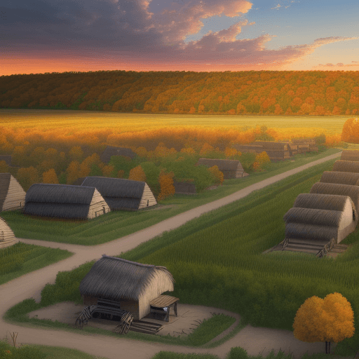 AI generated: Photo realistic mexican village, on the edge of a cut corn field at sunset. Forest of trees in backg...