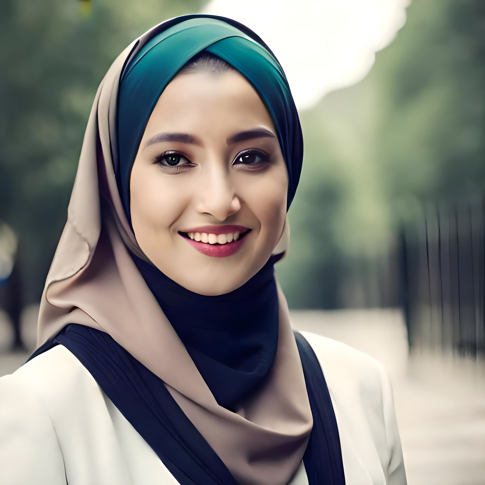 AI generated: A beautiful women wearing a hijab she has a beautiful smile in her face and a passion in her eyes , ...