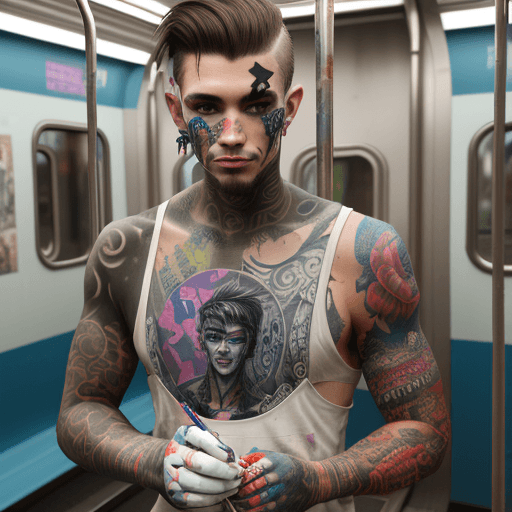 AI generated: tattooed man doing grafitti in the metro painting altered clothing