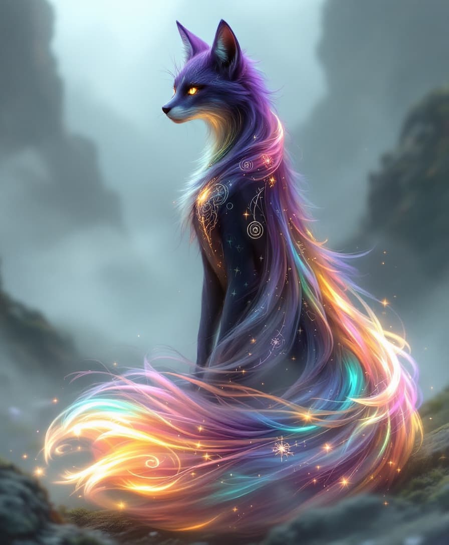 AI generated: A majestic, ethereal fox-cat hybrid spirit stands alone in a mist-shrouded sacred valley.

Her body ...