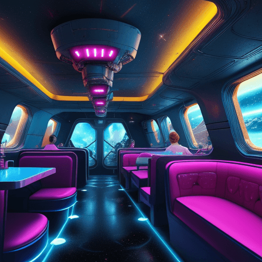 AI generated: a sci fi image,retro scifi,50th style a diner on a asteroid,flying cars ,dynamic lights,in space,ver...