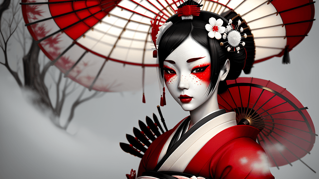 AI generated: the geisha is wearing red and white, in the style of ray caesar, snow scenes, unreal engine 5, close...