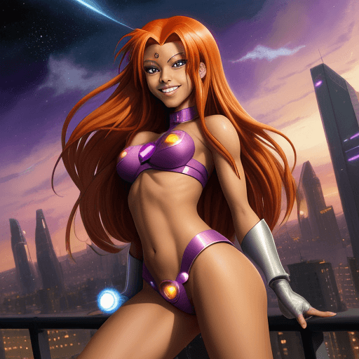 AI generated: Starfire, 2D, anime, masterpiece, best quality, tan skin, smile, city background