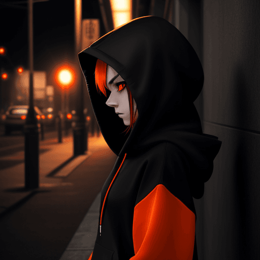 AI generated: side view beautiful emo girl in black hoodie one hood up with orange highlights. red eyes looking do...