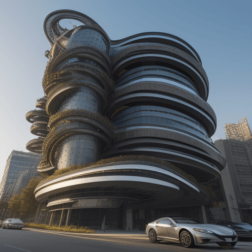 AI generated: Automobile inspired modern curved building , where the curved building's façade meticulously crafted...
