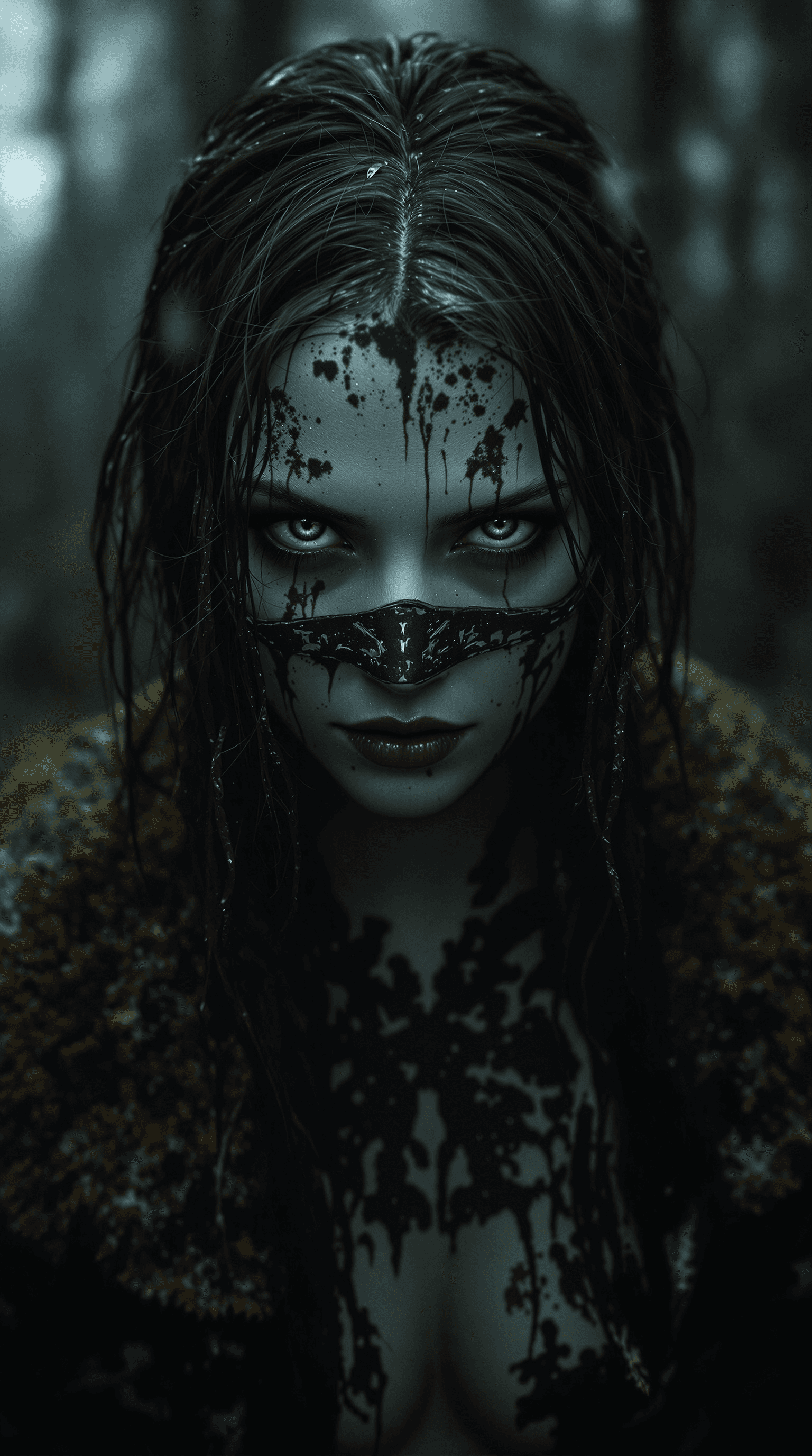 AI generated: Girl portrait brunette,mask on face, morbide, dark, very detailed, rendered in octane, wet, dense at...