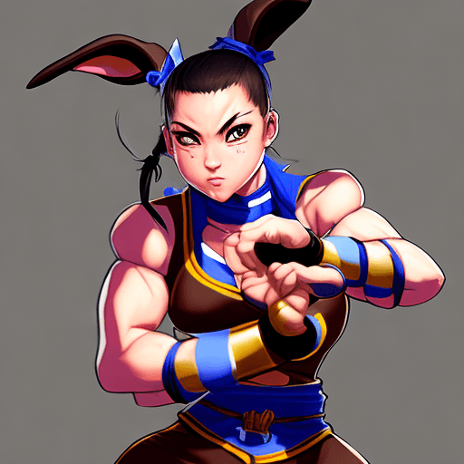 AI generated: A Rabbit Monk in a fighting stance similar to Chun-Li's from Street fighter. Her ears are tied into ...