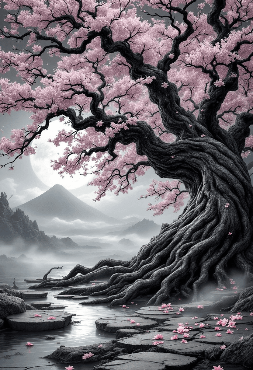 AI generated: An ancient, gnarled sakura tree with twisted trunk (hyper-detailed bark: deep grooves, lichen patche...