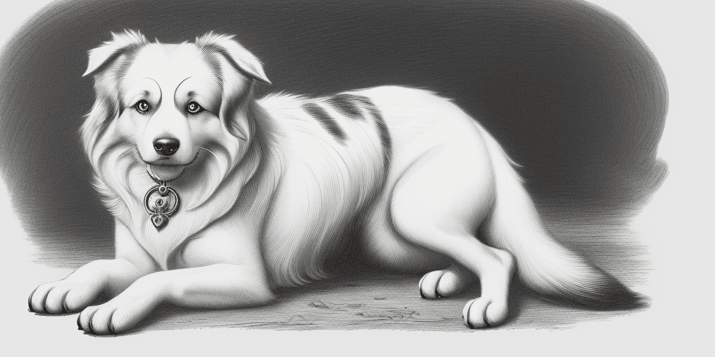 AI generated: illustration of a dog, old engraving style, pen drawing, ink black and white only, no colors, "borde...