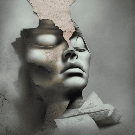 AI generated: broken woman represented by a stone statue breaking apart in the style of an eerie digital painting,...