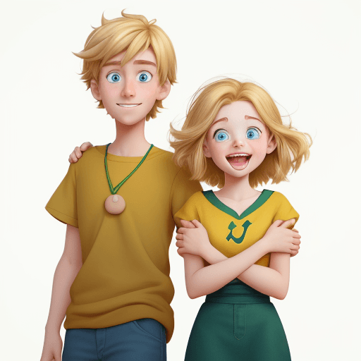 AI generated: Cartoon boy and girl in a Pixar style, The girl should have neck-length blonde hair, and the boy has...