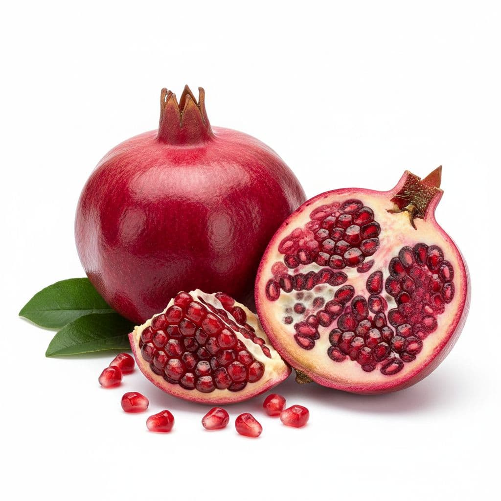 AI generated: Photorealistic pomegranate, vibrant red fruit, cut open revealing seeds, whole pomegranate, green le...