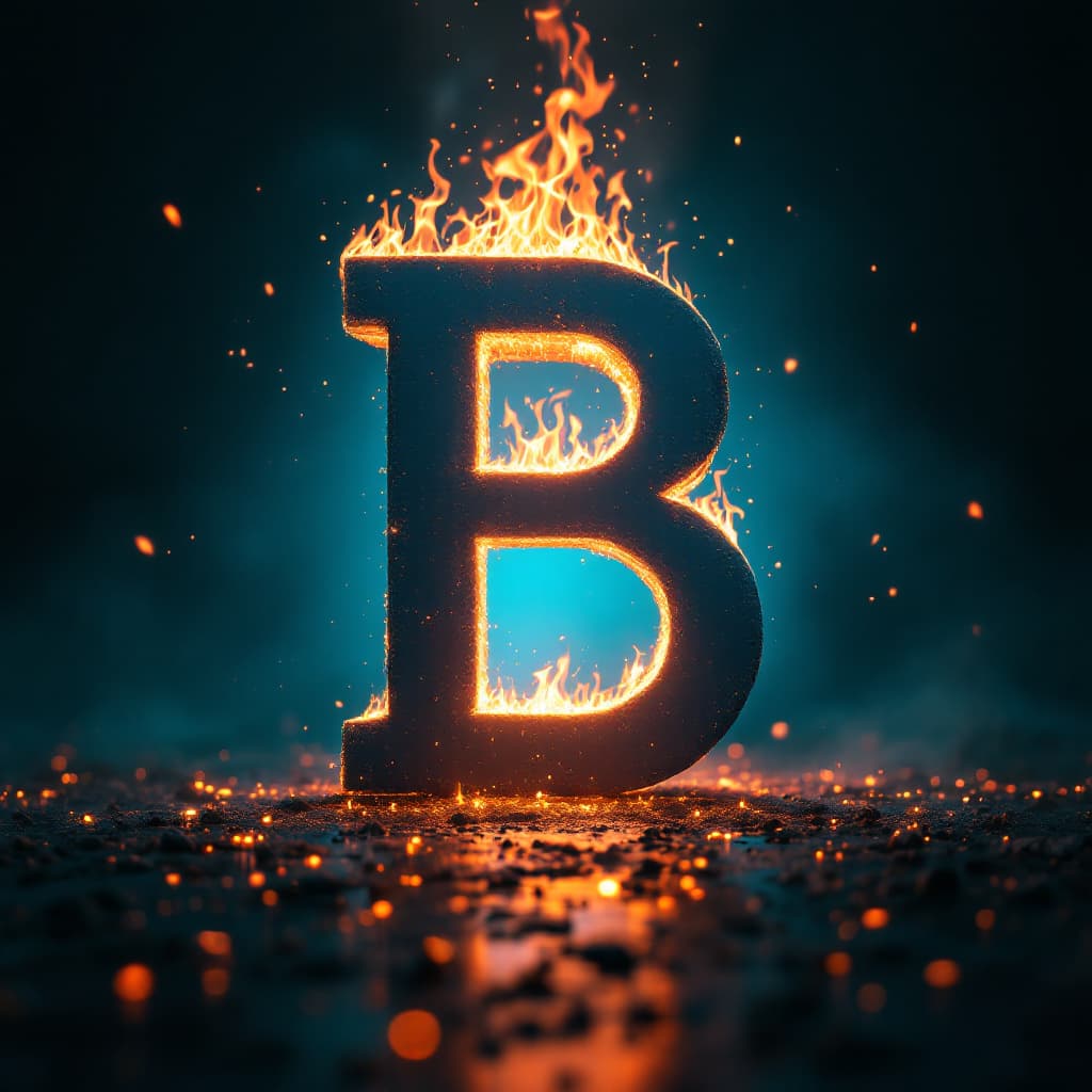 AI generated: render, letter [B], white color, flames, bright light emanating from center, high contrast, eerie at...