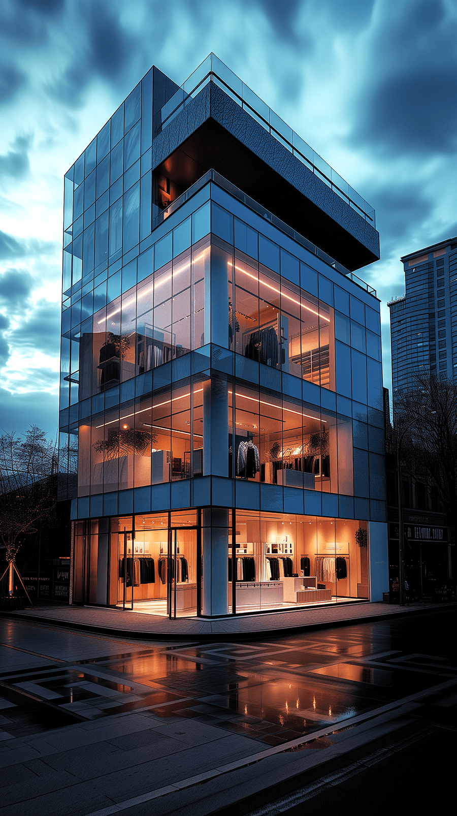 AI generated: minimalist store exterior, at dusk, the architecture should feature clean lines with a sophisticated...