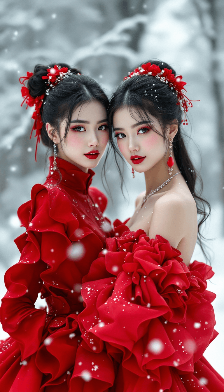 AI generated: fashion photoshoot of cute 2 Chinese women , wearing a red haute couture ruffled dress, on a snowy d...