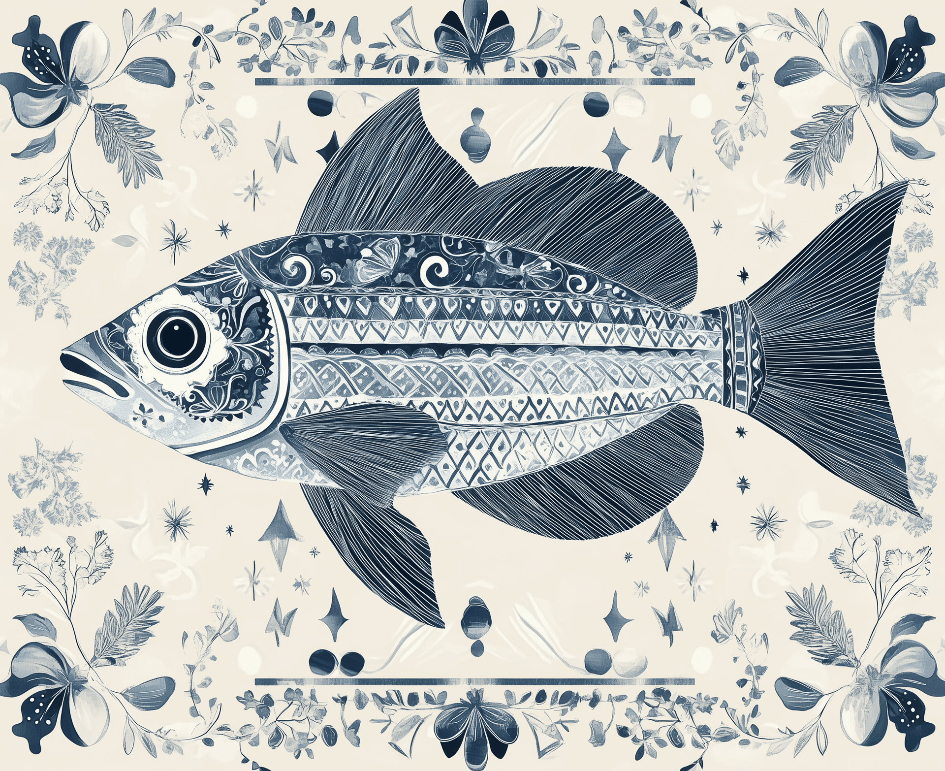 AI generated: A fish in the style of batik, with symmetrical patterns and geometric shapes surrounding it. The bac...