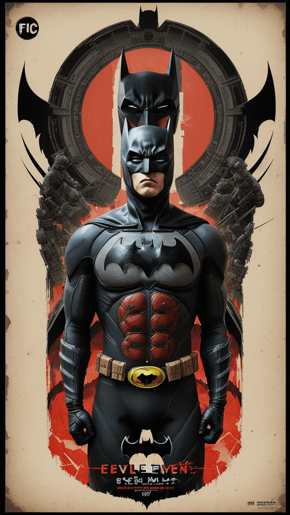 AI generated: Large COMIC border all round. Overlay Japanese gorecore type 16k poster with of EVIL VANQUISHED BATM...