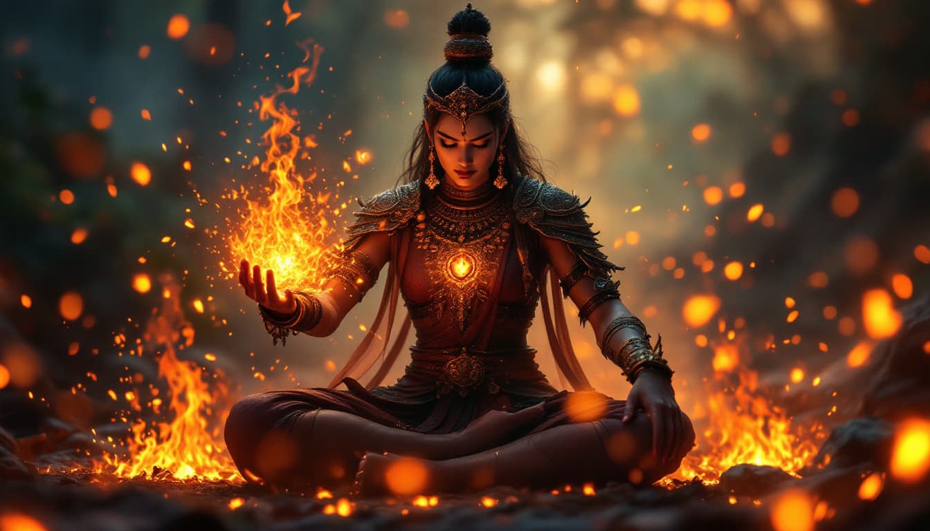 AI generated: Cakra Buana, casting spells, centered, embers, bokeh, lens flare, light bloom, cinematic lighting, d...