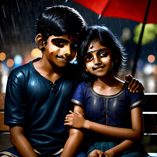 AI generated: Indian boy, portrait, emotionaly broken ,sitting on bench, still smiling, raining, sitting with a gi...