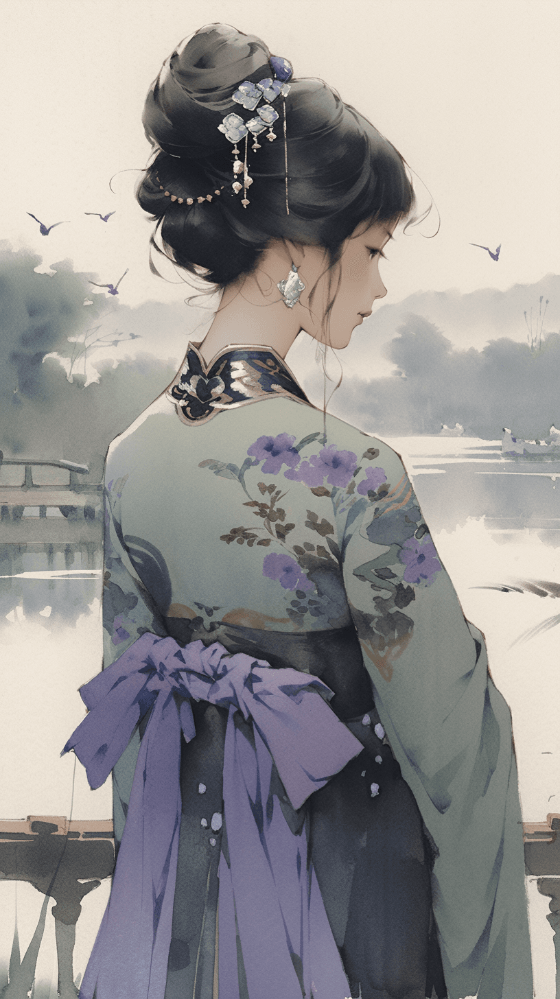 AI generated: Over The Shoulder of a striking photograph of an elegant noblewoman from Song Dynasty in an intricat...