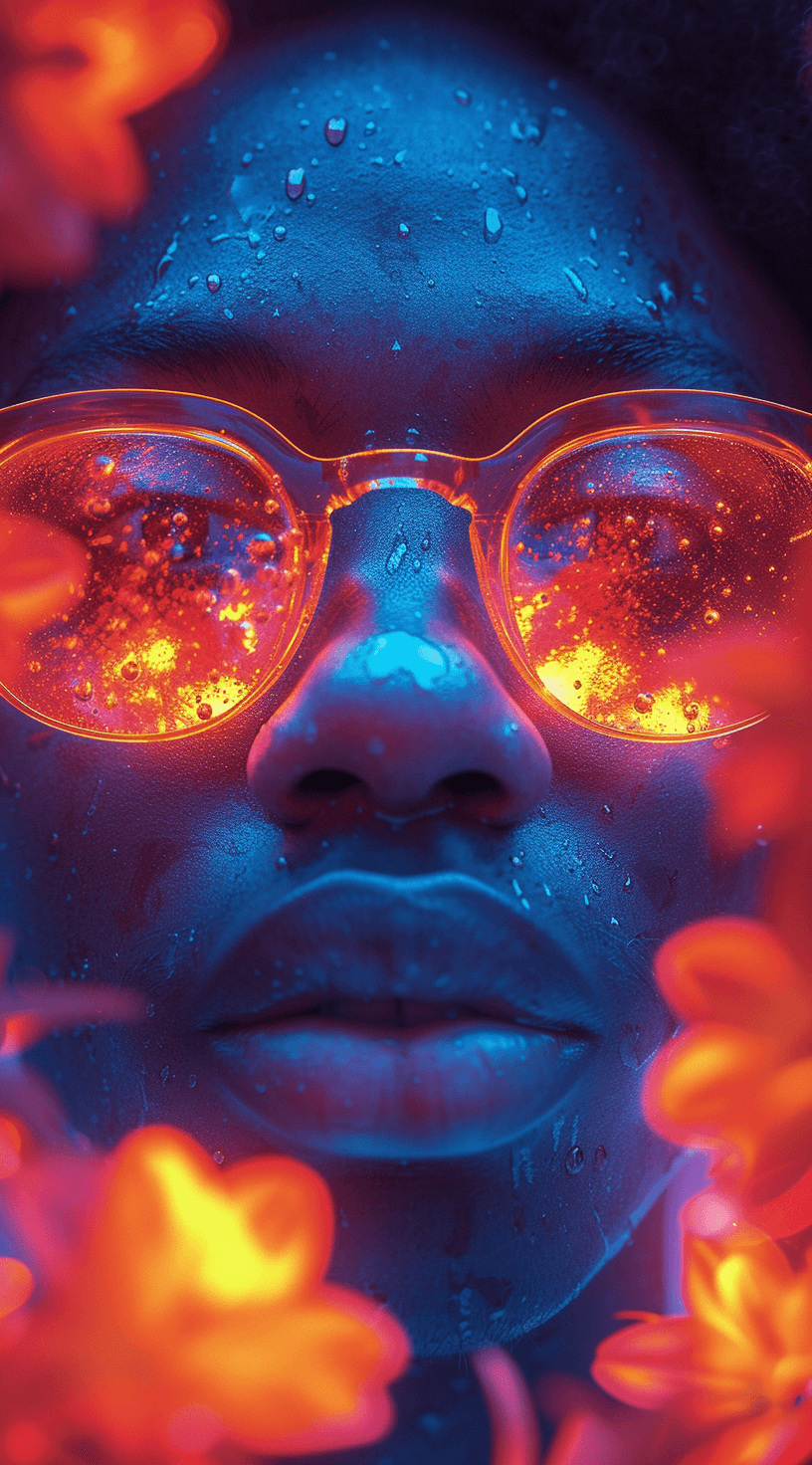 AI generated: man wearing glasses and the colors of flamingos, in the style of unreal engine 5, afro-caribbean inf...