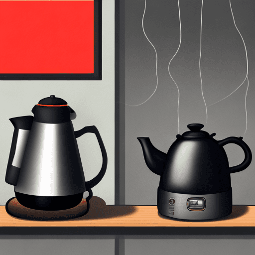 AI generated: black kettle is on the right, backgrounds in dark shades, there is a smartphone turned on next to th...