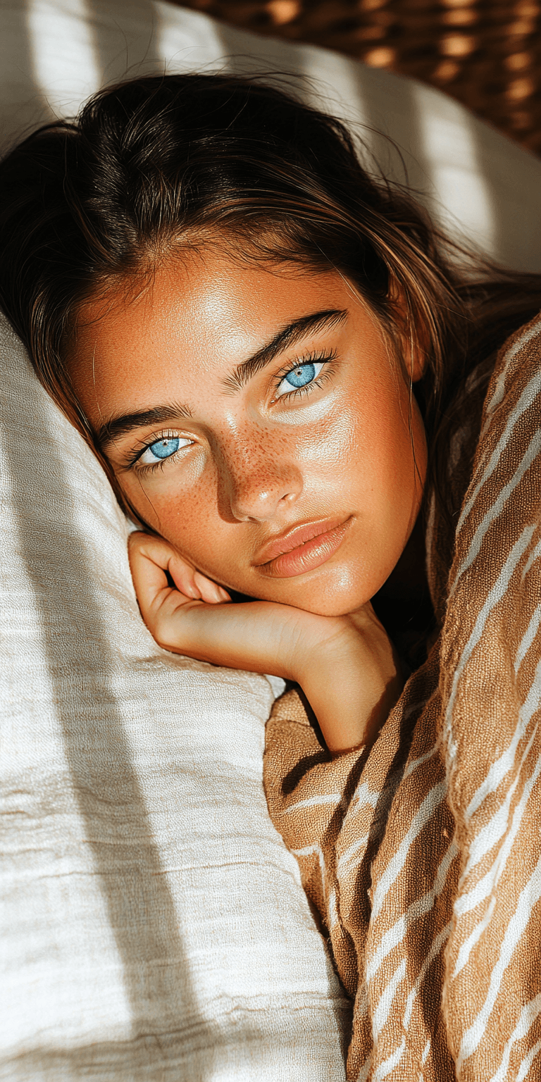 AI generated: an attractive young woman with blue eyes lying face down on the bed, in the style of animated gifs, ...
