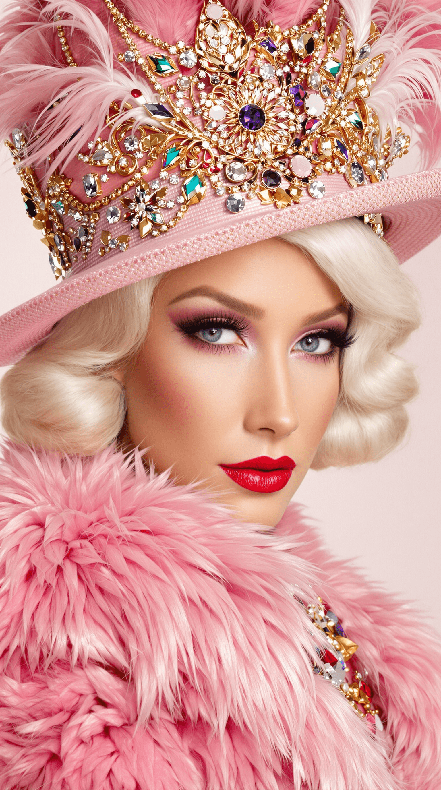 AI generated: A glamorous woman with platinum blonde hair, wearing a luxurious pink hat adorned with ornate golden...