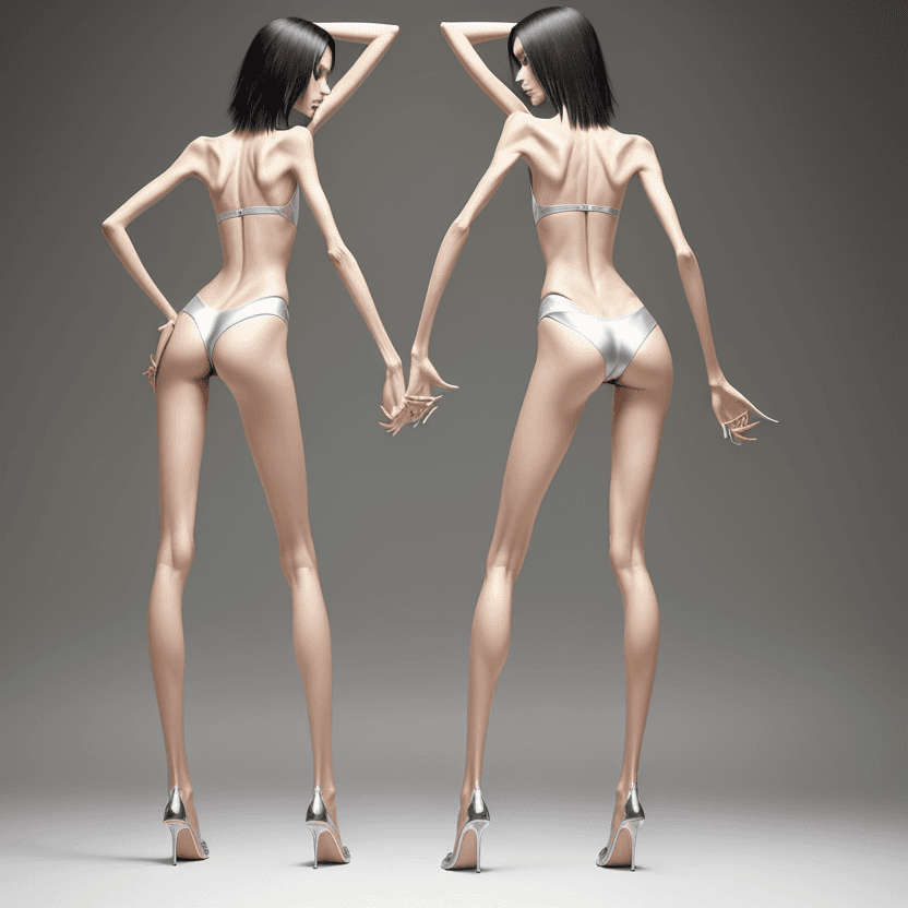 AI generated: photo of two an extremely skinny, flat-chested models with extreme long and skinny legs with extreme...