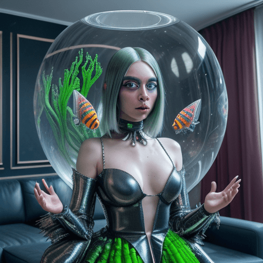 AI generated: female humanoid with scales, exaggeratedly huge eyes, head inside a fishbowl, hair floating, in a li...