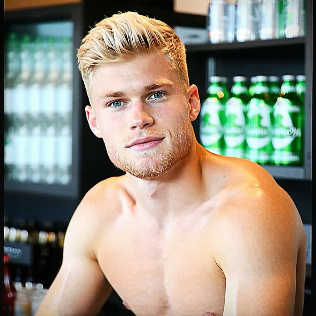 AI generated: a shirtless man, blonde hair with sides trimmed and longer top. preparing for a job interview at car...