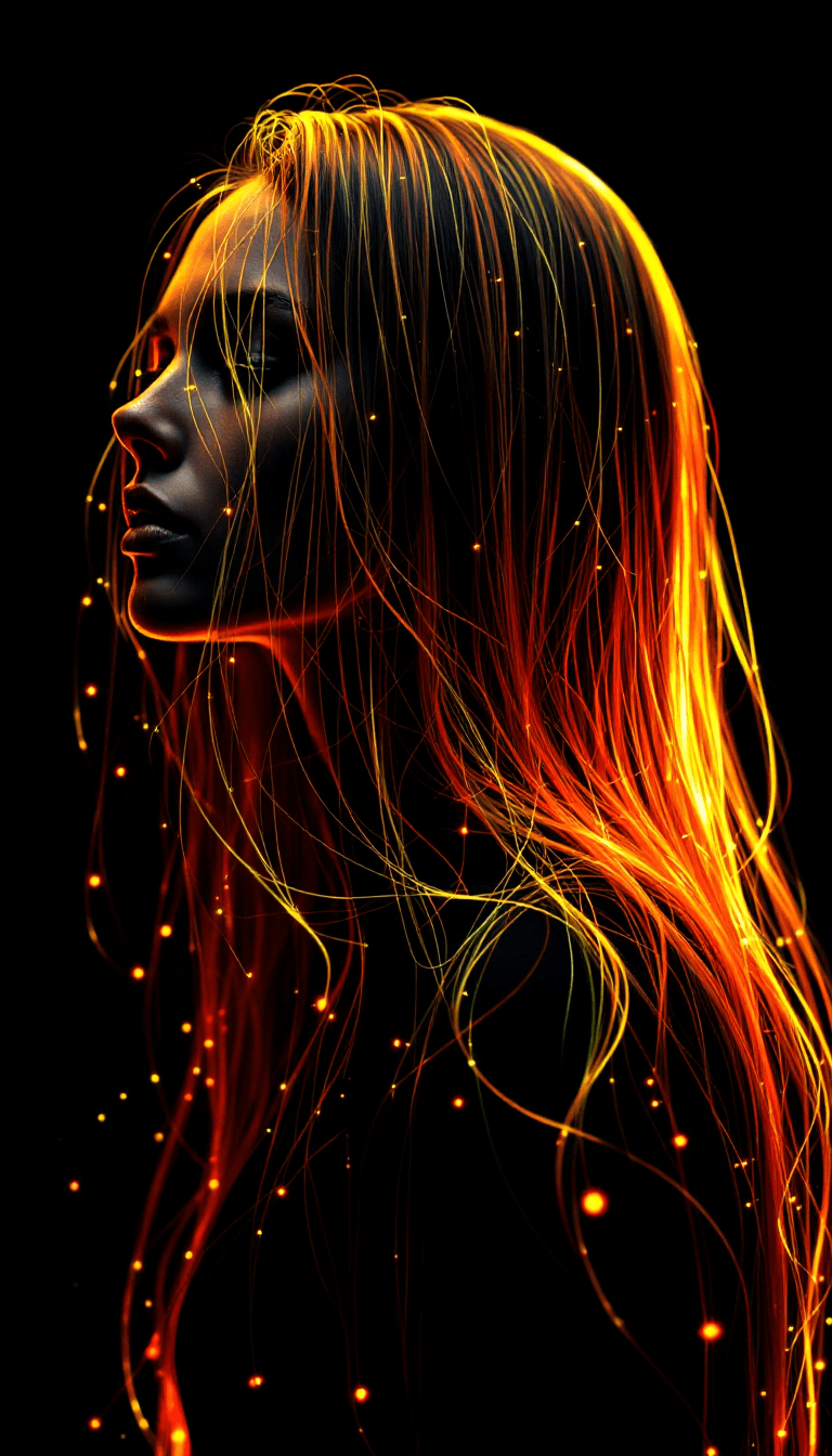 AI generated: string art, black background, long golden thin hair, surrealism, suprematism, fluorescent, highly de...