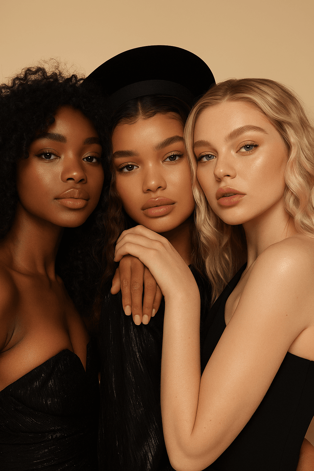 AI generated: {
  "scene": {
    "style": "fashion editorial",
    "background": "solid warm beige backdrop",
...
