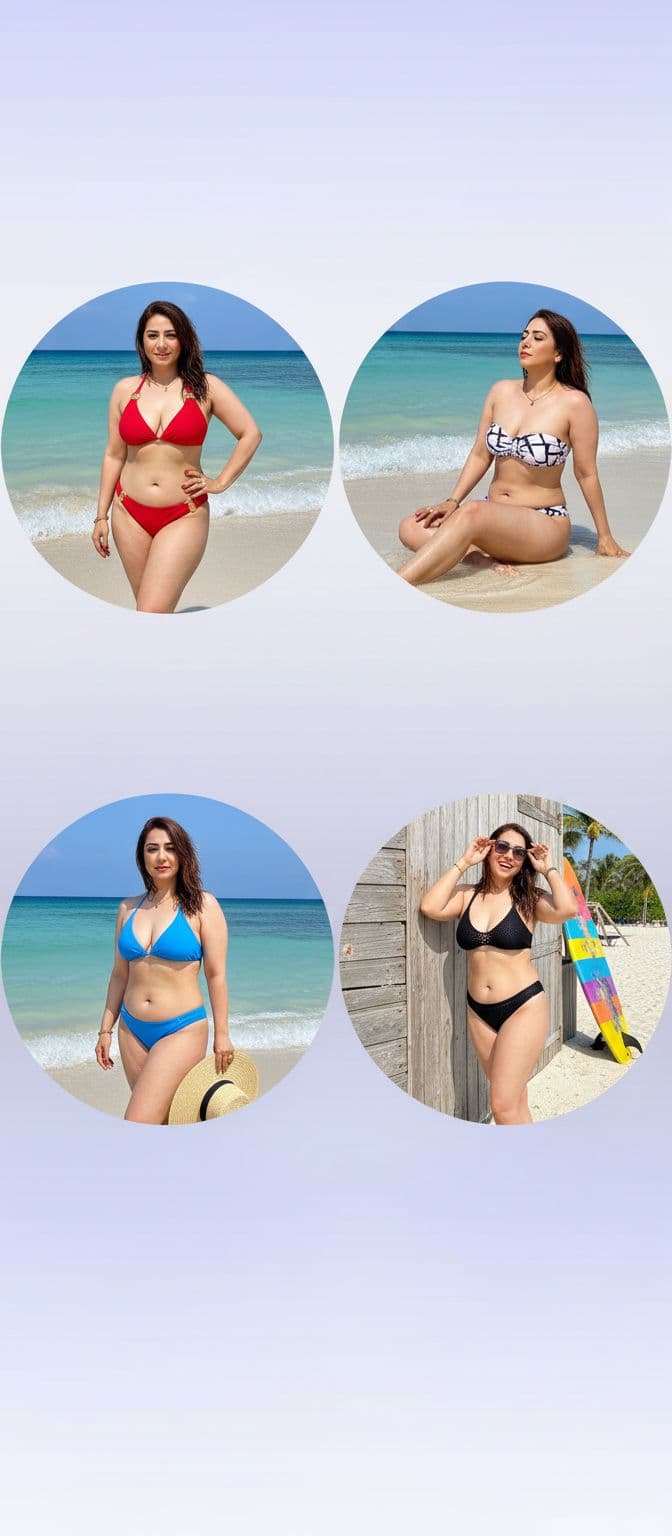 AI generated: Hot woman in bikini in different poses in one picture
