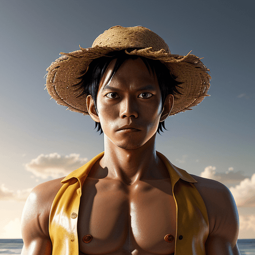 AI generated:  Monkey D. Luffy, one piece anime, indonesian style, X-shaped scar on his chest, Straw Hat, symmetri...