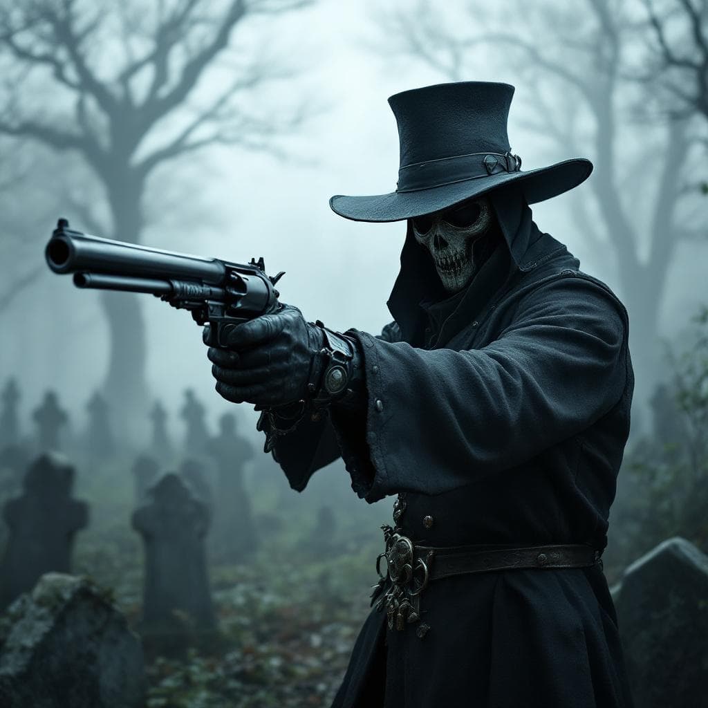 AI generated: 17th century Plague doctor, graveyard, fog, Hat, mask, leather, 6-shooter revolver, highly detailed,...