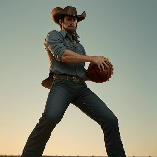 AI generated: Photo of a determined cowboy holding a basketball
